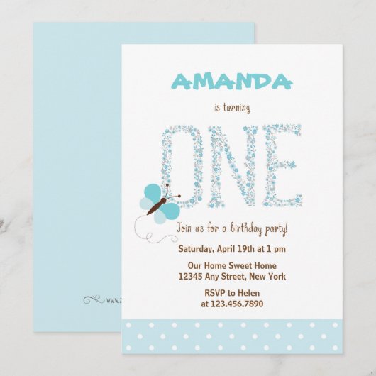 Eerste verjaardagsuitnodiging Blauwe Vlinder Kaart (Voorkant / Achterkant)