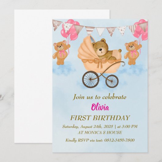 Eerste verjaardagsuitnodiging - eenvoudige en zoet kaart (Voorkant / Achterkant)