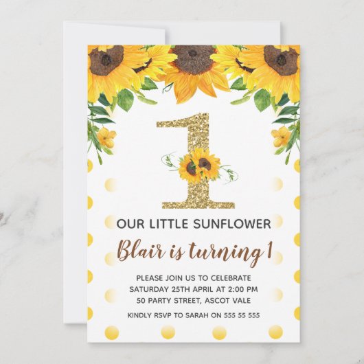 Eerste verjaardagsuitnodiging meisje gele zonneblo kaart (Voorkant)
