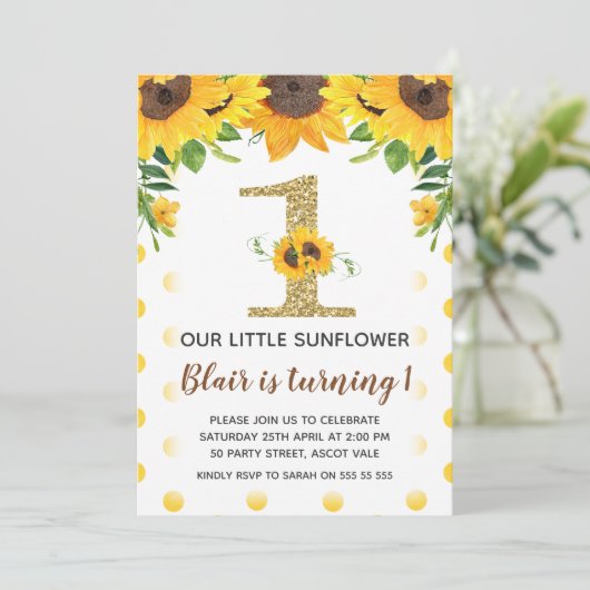 Eerste verjaardagsuitnodiging meisje gele zonneblo kaart (Staand voorkant)