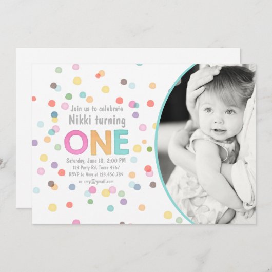 Eerste verjaardagsuitnodiging Meisje Waterverf con Kaart (Voorkant / Achterkant)