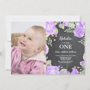 Eerste verjaardagsuitnodiging paarse bloemen kaart