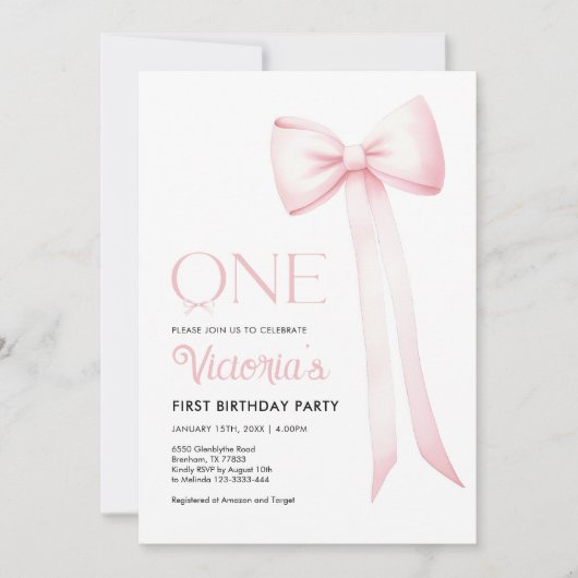 Eerste verjaardagsuitnodiging, roze Coquette Bow 1 Kaart (Voorkant)
