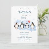Eerste verjaardagsuitnodiging Winterpinguïn Kaart (Staand voorkant)