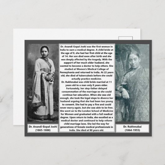 Eerste Vrouw Artsen India Rukmabai Anandi Joshi Briefkaart (Voorkant / Achterkant)