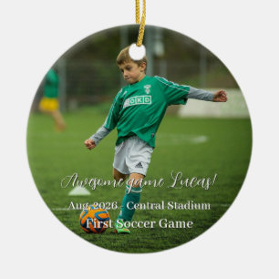 Eerste wedstrijd sport kerst familie foto keramisch ornament