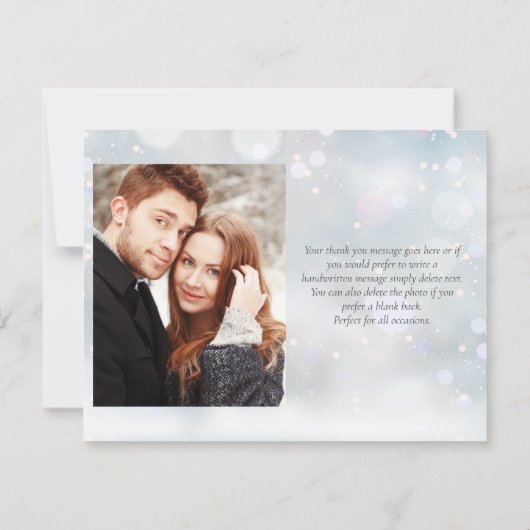 Eerste wintersneeuwvlokken Elegante Script Foto Bedankkaart (Achterkant)
