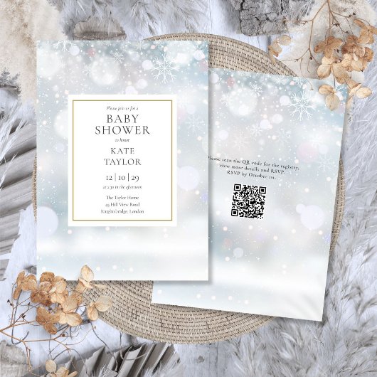 Eerste Wintervlokken QR Code Baby Shower Kaart