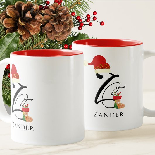 Eerste Z Naam Elegant Script Moderne Kerstmis Tweekleurige Koffiemok
