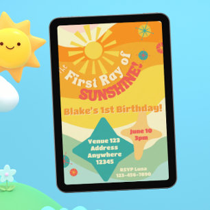 Eerste zonnestraal, kleurrijke zon 1e verjaardag kaart