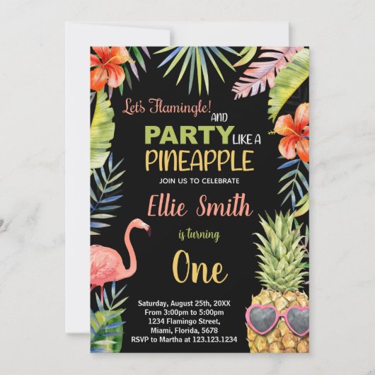 Eerste zwarte flamingo & ananas verjaardag kaart (Voorkant)