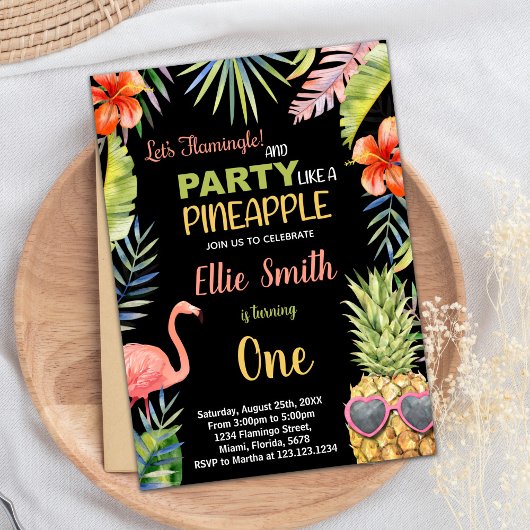 Eerste zwarte flamingo & ananas verjaardag kaart