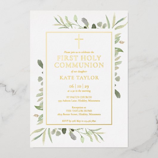 Eerstheiligenis groen goud folie uitnodiging (Voorkant)