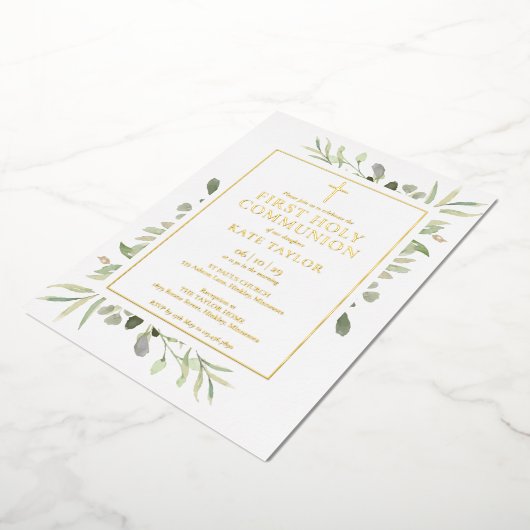Eerstheiligenis groen goud folie uitnodiging (Gedraaid)