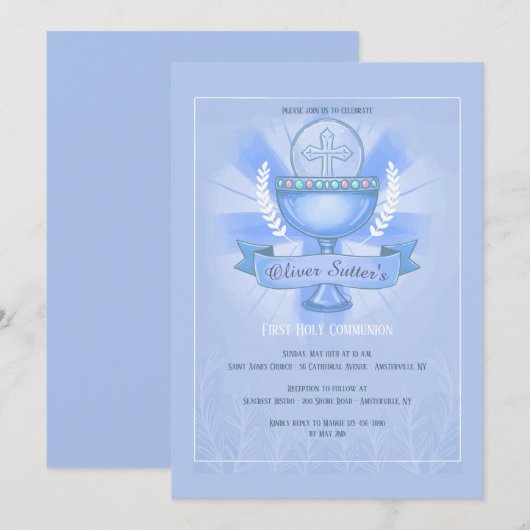 Eerwaarde Chalice First Heilige CommunieBlauw Kaart (Voorkant / Achterkant)