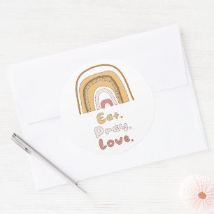 Eet, bid, hou van motivatie kleurrijke boho-regenb ronde sticker