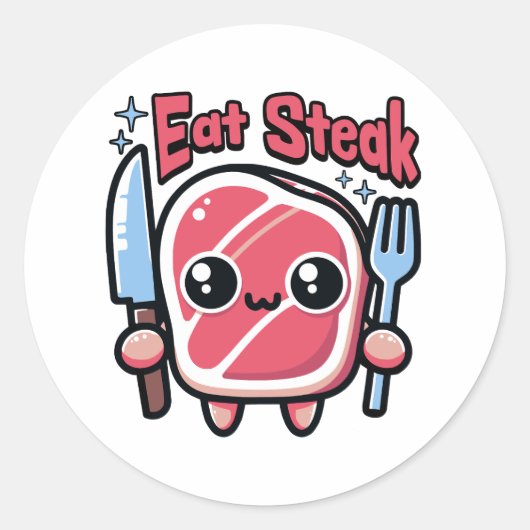 Eet biefstuk! Schattigee steak Cartoon Ronde Sticker (Voorkant)