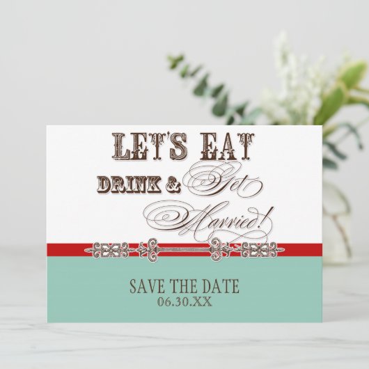 Eet, de Drink wordt gehuwd sparen de Mededelingen  Save The Date (Staand voorkant)