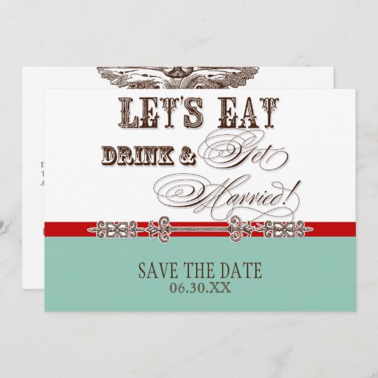 Eet, de Drink wordt gehuwd sparen de Mededelingen  Save The Date (Voorkant / Achterkant)