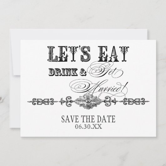 Eet, de Drink wordt gehuwd sparen de Mededelingen Save The Date (Voorkant)