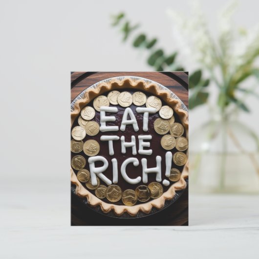 Eet de rijke taart met gouden munten briefkaart (Staand voorkant)