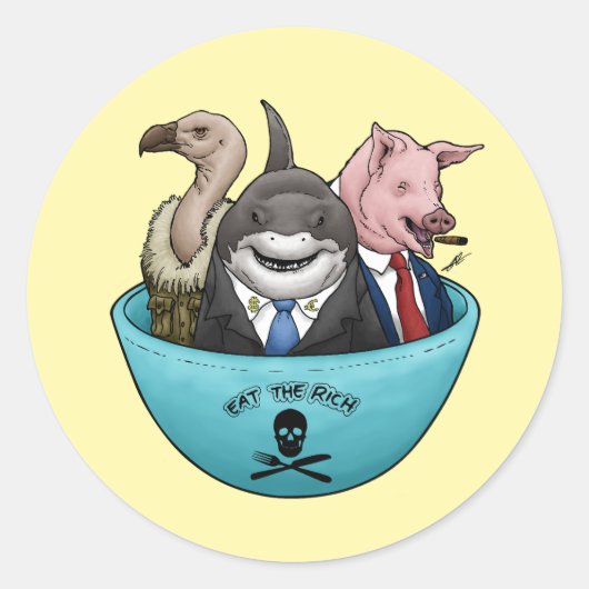 Eet de rijken! ronde sticker (Voorkant)