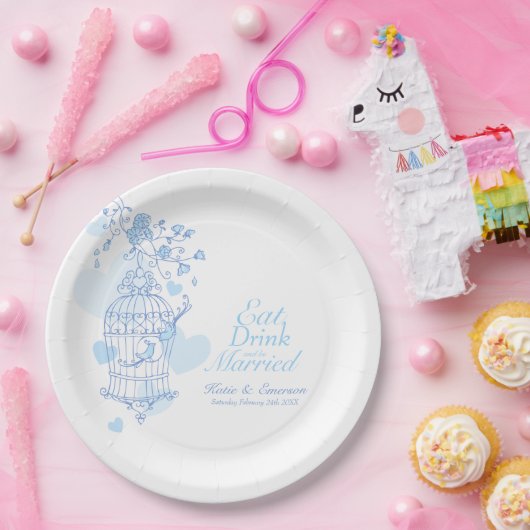 Eet drink aangepaste blauw vogelkooi bruiloft papieren bordje (Feest)