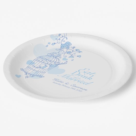 Eet drink aangepaste blauw vogelkooi bruiloft papieren bordje (Gekanteld)