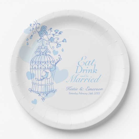Eet drink aangepaste blauw vogelkooi bruiloft papieren bordje (Voorkant)