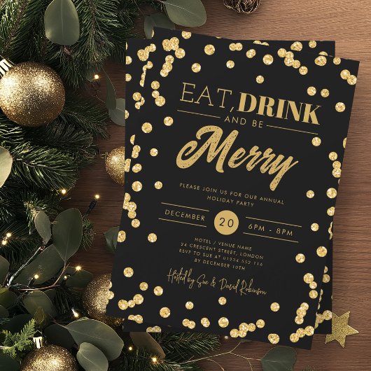 Eet Drink B Merry Gold Black Glitter Holiday Xmas Kaart