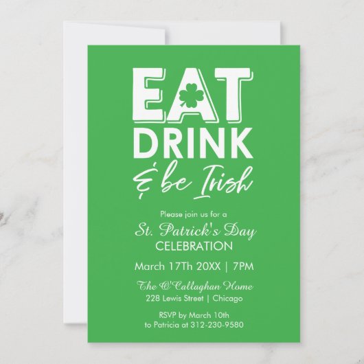 Eet, Drink & Be Irish Modern St. Patrick's Day Kaart (Voorkant)