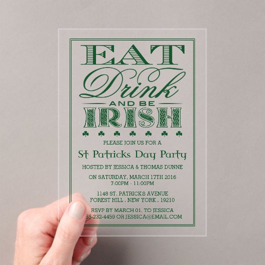 Eet, Drink & BE Irish St. Patrick's Day Acryl Uitnodigingen (Insitu (Draagbaar))