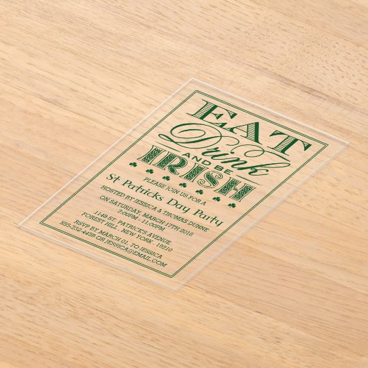 Eet, Drink & BE Irish St. Patrick's Day Acryl Uitnodigingen (Laagn)