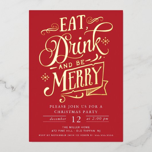Eet Drink & Be Merry Christmas Party Folie Feestdagenkaart (Voorkant)