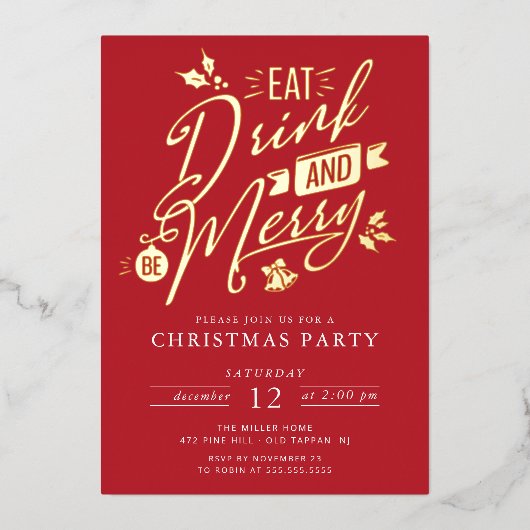 Eet Drink & Be Merry Christmas Party Folie Feestdagenkaart (Voorkant)