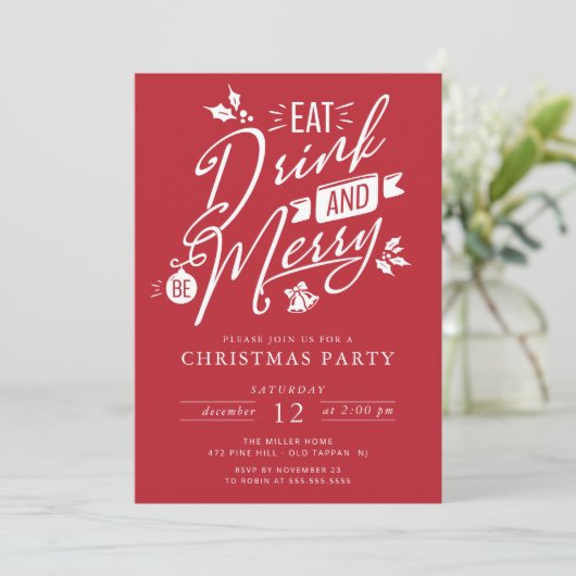 Eet Drink & Be Merry Christmas Party Kaart (Staand voorkant)