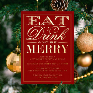Eet, Drink & Be Merry Feestelijke Kerst Echt Folie Uitnodiging