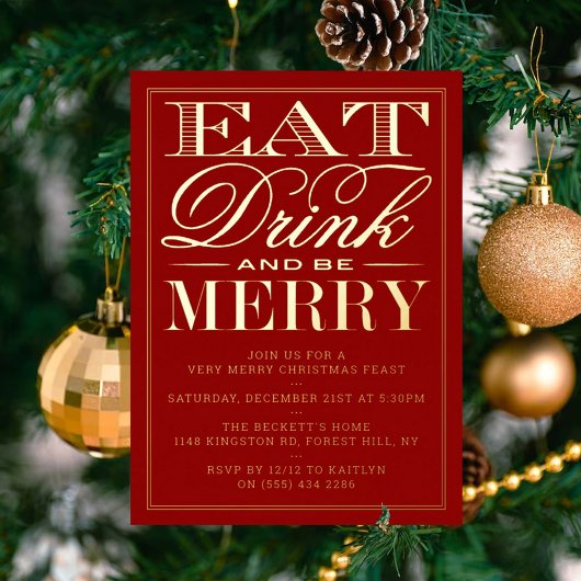 Eet, Drink & Be Merry Feestelijke Kerst Echt Folie Uitnodiging