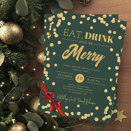 Eet, Drink Be Merry Gold Glitter Xmas Ribbon Groen Kaart