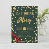 Eet, Drink Be Merry Gold Glitter Xmas Ribbon Groen Kaart (Staand voorkant)