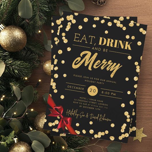 Eet, Drink Be Merry Gold Glitter Xmas Ribbon Zwart Kaart