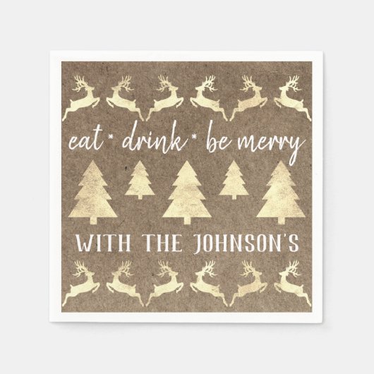 Eet Drink Be Merry Gold Rendier Kraft Brons Wit Servet (Voorkant)