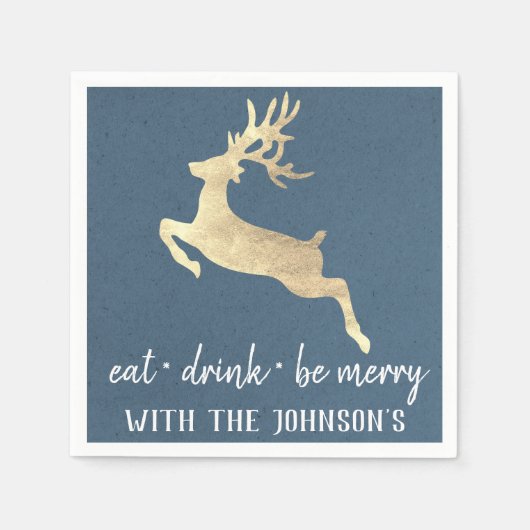 Eet Drink Be Merry Gold Rendier Kraft Wit Blauw Servet (Voorkant)