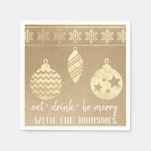 Eet Drink Be Merry Kraft Lux Wit Goud Sneeuwvlokke Servet (Voorkant)
