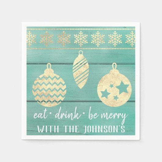 Eet Drink Be Merry Mint Wood Wit Goud Sneeuwvlokke Servet (Voorkant)