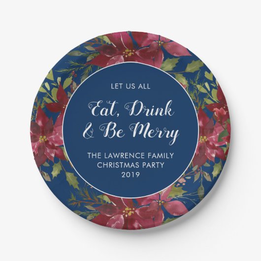 Eet Drink Be Merry Navy Bloemen Kerstfeest Papieren Bordje (Voorkant)