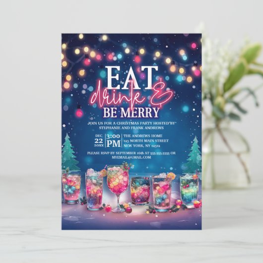 Eet, Drink, & Be Merry Neon Lights Kerstfeest Kaart (Staand voorkant)