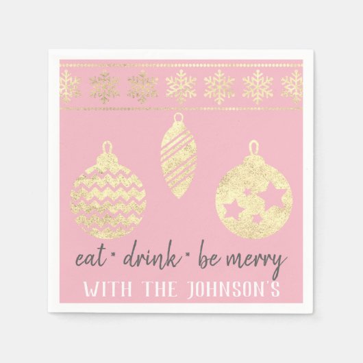 Eet Drink Be Merry Pink White Gold Sneeuwvlokken Servet (Voorkant)