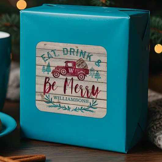 Eet Drink & Be Merry Red  Vrachtwagen Wijnvat Vierkante Sticker