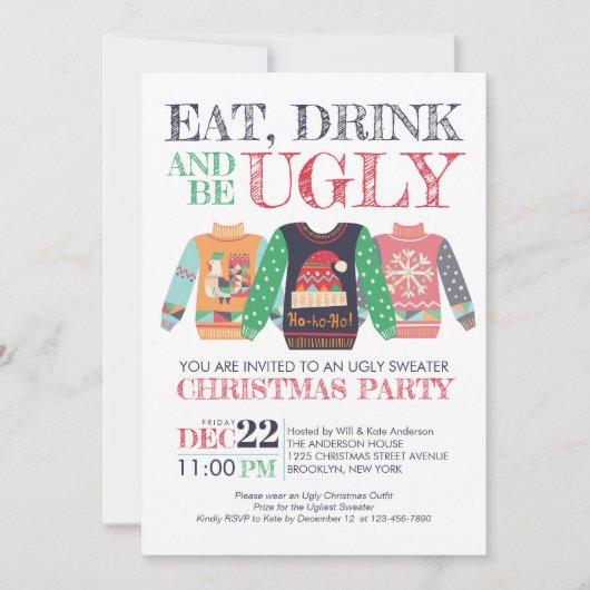 Eet Drink Be Ugly Sweater Christmas Holiday Party Kaart (Voorkant)